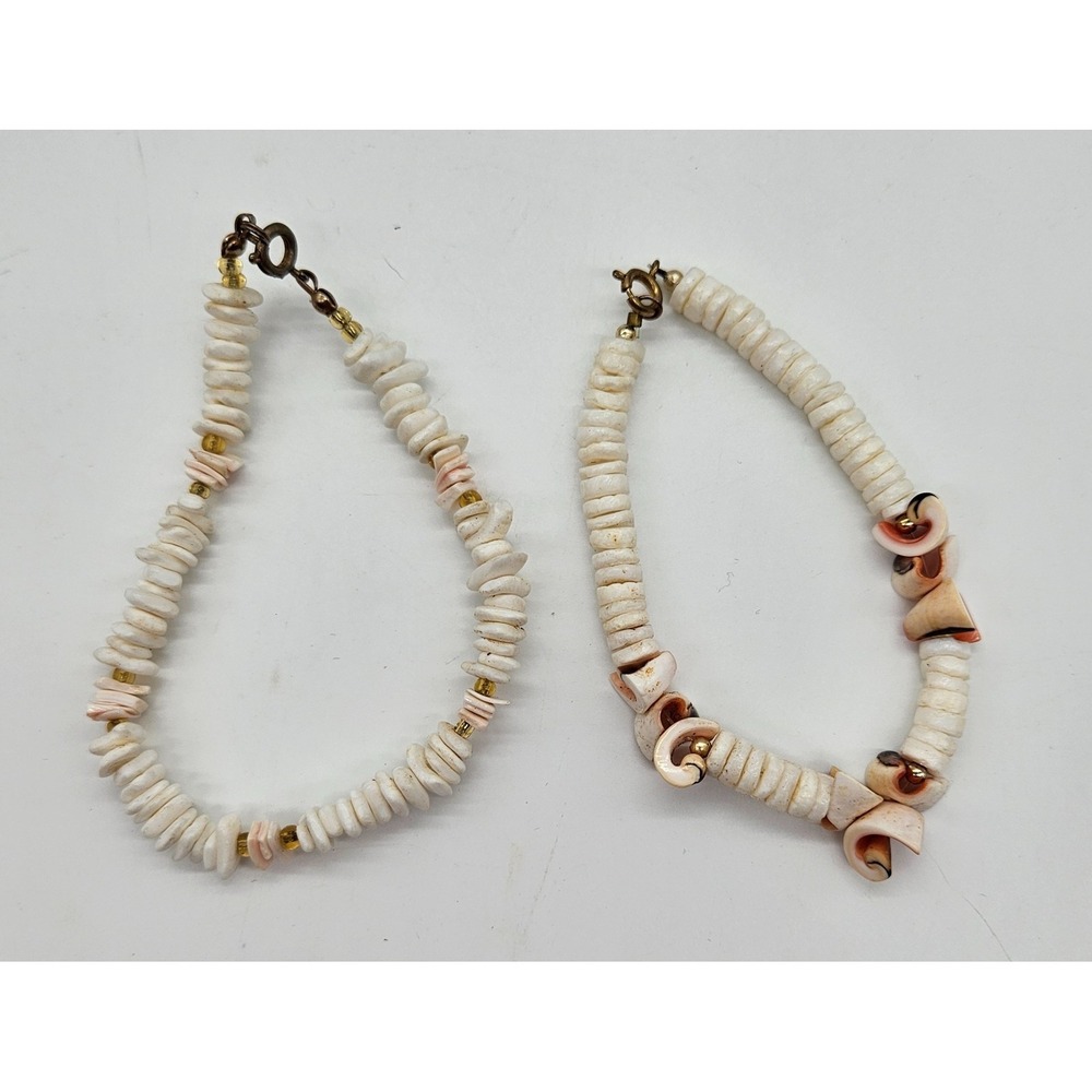 Vintage Natural Puka and Sliced Seashell Bracelet Set White Pink‎ Boho 2pc
